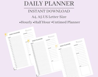 May include: Three printable daily planner pages with a simple design. Each page has a schedule section, a to-do list, and a notes section. The pages are labeled "Daily Planner" and have a small sun icon in the top left corner.