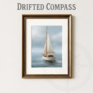 Einsame Segelboot Digitaldruck | Nautische Kunst | Küsten Ozean Gemälde | ruhiges Meer Wohnkultur | Strukturierte Vintage Seelandschaft