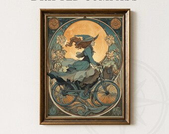 May include: Framed art print featuring a woman riding a bicycle, set against a full moon and floral background. The artwork is in a vintage style with a color palette of blues, greens, and gold. The text "DRIFTED COMPASS" is at the top.