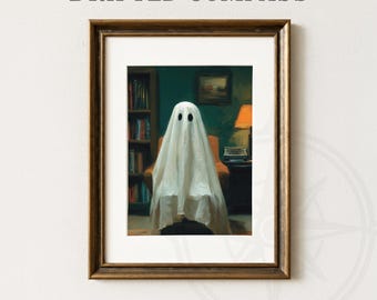 Impresión de una acogedora sala de lectura fantasmal: Decoración caprichosa para la biblioteca de Halloween (descarga digital)