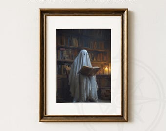 Impresión de Fantasma en la Biblioteca: Arte mural espeluznante de la Academia Oscura de Halloween (Descarga digital)