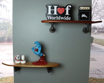 Floating Industrial Vintage Mahogany Skateboard Deck Shelf - Pipe Mounting System - Custom Indoor Skate Shelving - Decorative Rustic Shelves