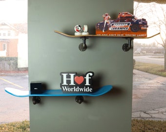 Floating Industrial Style Skateboard Deck Shelf with Rustic Pipe Mounting System – Select from 15 Color Options