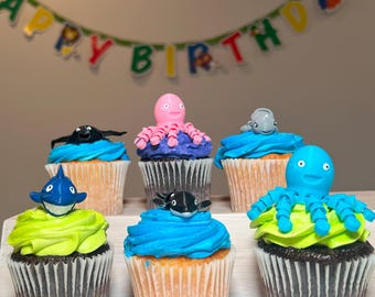 Juego de 6 adornos para cupcakes con forma de animales marinos: ¡personaliza tus colores y criaturas!