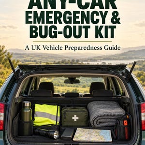 May include: A car trunk containing an emergency kit with a green water bottle, a neon yellow high-visibility vest, a green first aid bag with a white cross, a grey blanket, a black flashlight, a power bank, and a map. Text reads ANY-CAR EMERGENCY & BUG-OUT KIT A UK Vehicle Preparedness Guide.