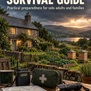 May include: A book titled UK PREPPER SURVIVAL GUIDE: Practical preparedness for solo adults and families by Matthew Builds. The cover features a stone cottage, a garden, and a wooden table with a radio, first aid kit, flashlight, and map.
