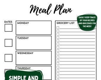 Minimal, Black and White, Meal Plan Digital Download
