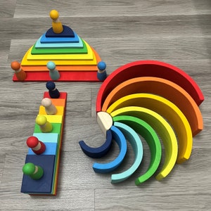 Rainbow Stacking Toy Set 34 Pieces Wooden, Rainbow Semicircles, Building Boards, Montessori Baby Toys, Waldorf Toddler Toys, Birthday Gift