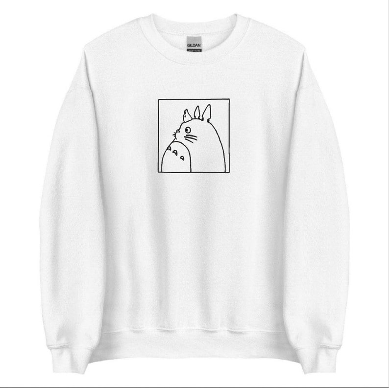 Totoro Outline Embroidered Sweatshirt, Ghibli Studio Sweatshirt, Anime Embroidered Sweatshirt, Anime Merch White