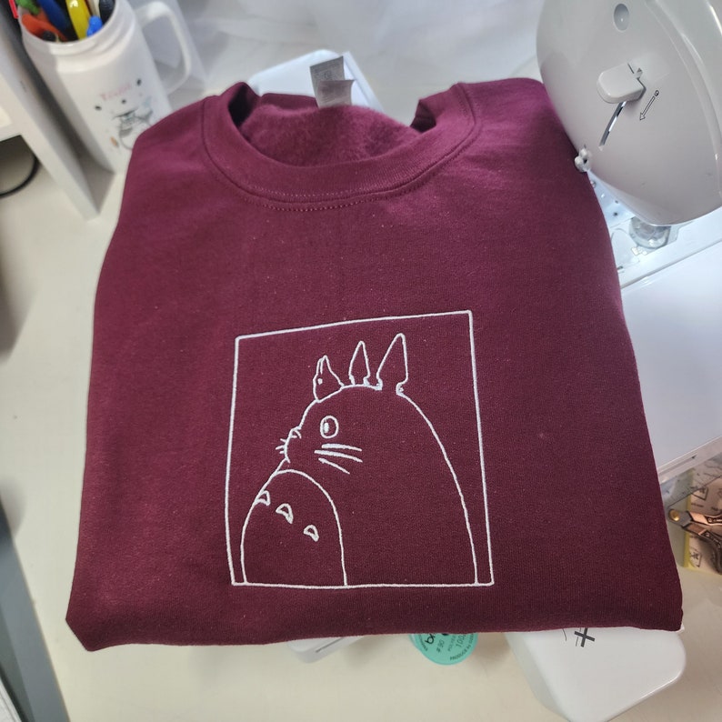 Totoro Outline Embroidered Sweatshirt, Ghibli Studio Sweatshirt, Anime Embroidered Sweatshirt, Anime Merch Maroon