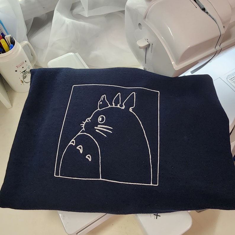 Totoro Outline Embroidered Sweatshirt, Ghibli Studio Sweatshirt, Anime Embroidered Sweatshirt, Anime Merch Navy