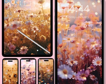 Puede incluir: Cuatro pantallas de teléfono diferentes que muestran un campo de margaritas blancas con un fondo borroso. La hora se muestra en cada pantalla, con la pantalla superior izquierda mostrando 11:11, la pantalla superior derecha mostrando 4:44, la pantalla inferior izquierda mostrando 4:44 y la pantalla inferior derecha mostrando 4:44. La fecha se muestra en la pantalla superior derecha como viernes, 5 de enero.