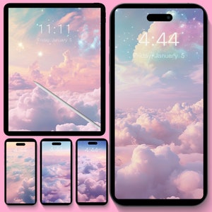 May include: A collage of five digital devices displaying a pink and white cloudy sky with stars. The time is displayed on each device: 11:11, 4:44, 4:44, 4:44, and 4:44. The date is Friday, January 5.