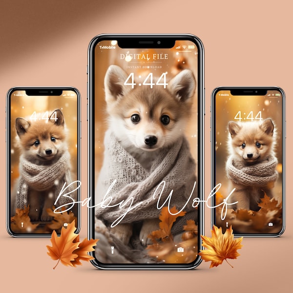 Fall Wallpaper Iphone Lockscreen Autumn Baby Wolf Seasonal Sweater Weather Cozy Phone Wallpaper Leaves Aesthetic Ipad, Wolf Lover Gift