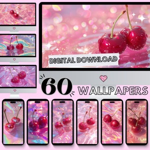 Puede incluir: Una descarga digital con 60 fondos de pantalla con un tema rosa e iridiscente. Los fondos de pantalla muestran imágenes de cerezas con gotas de agua. El texto "DESCARGA DIGITAL" es visible, junto con el número "60" y la palabra "FONDOS DE PANTALLA".