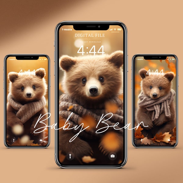 Fall Wallpaper Iphone Lockscreen Autumn Baby Bear Seasonal Sweater Weather Cozy Phone Wallpaper Leaves Aesthetic Ipad, Bear Lover Gift