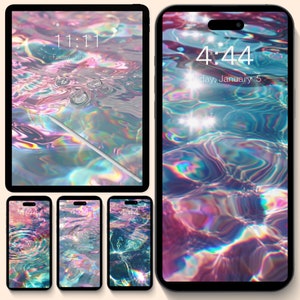 May include: Four different screen sizes displaying a digital clock with the time 4:44 and the date Friday, January 5. The background of each screen is a holographic iridescent image of water with ripples and bubbles.