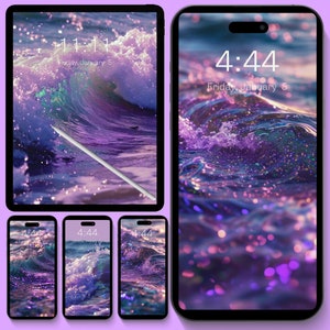 May include: A collage of four different screen displays showing a purple and blue wave with glitter and bokeh lights. The time is 4:44 on the three smaller screens and 11:11 on the larger screen. The date is Friday, January 5 on all four screens.