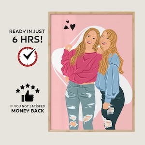 Retrato de desenho animado de melhor amiga, presente de aniversário para ela, amizade personalizada, impressão de retrato sem rosto, presente para melhor amiga, presente de amizade personalizado