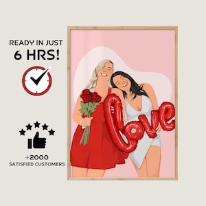 Pintura de retrato de aniversário da melhor amiga, retrato sem rosto, presente personalizado para melhor amiga, presente para namorada, impressão digital de amizade
