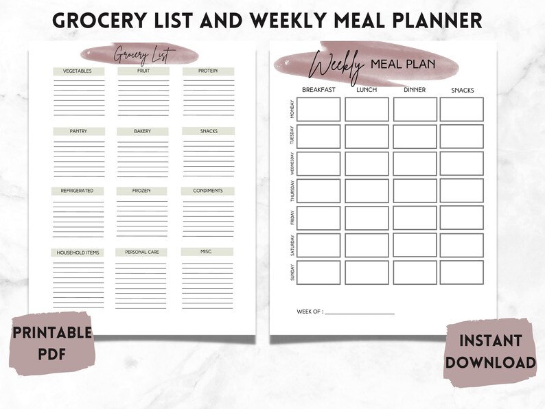 Printable Grocery Shopping List, Printable Weekly Meal Plan, INSTANT DOWNLOAD, Organization ...