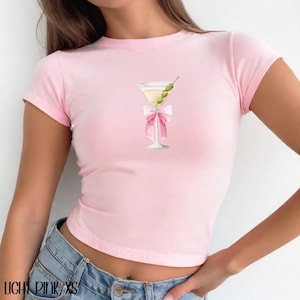 Dirty Martini Coquette Pink Bow Baby Tee y2k Cropped Fitted Women&#39;s Shirt Girly Aesthetic Cute Tini Lover 90s T-Shirt Crop Top