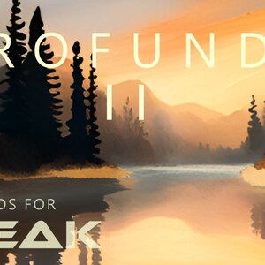Puede incluir: Una ilustración digital de una puesta de sol sobre un lago en las montañas. El texto "PROFUNDO II" y "SOUNDS FOR PEAK" se superpone a la imagen.