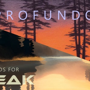 May include: A digital illustration of a sunset over a forest with the text "PROFUNDO" and "SOUNDS FOR PEAK" in white.