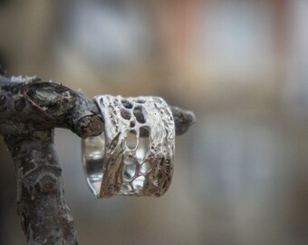 Unique Handcrafted Artisan Statement Silver Ring - Natural Texture