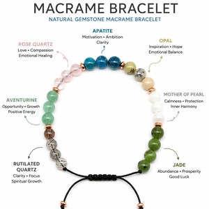 May include: Capricorn zodiac macrame bracelet featuring natural gemstones. The bracelet includes rose quartz, apatite, opal, aventurine, rutilated quartz, mother of pearl, and jade. It has an adjustable macrame closure.