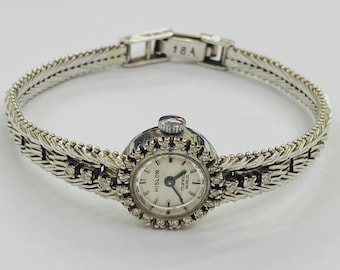 Antique Hislon 18K White Gold Diamond Ladies Watch – Vintage Mechanical Luxury Bracelet Watch