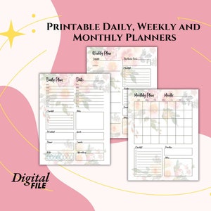 Könnte beinhalten: Druckbare Tages-, Wochen- und Monatsplaner mit floralen Designs. Die Planer verfügen über Abschnitte für Checklisten, Notizen und Termine.