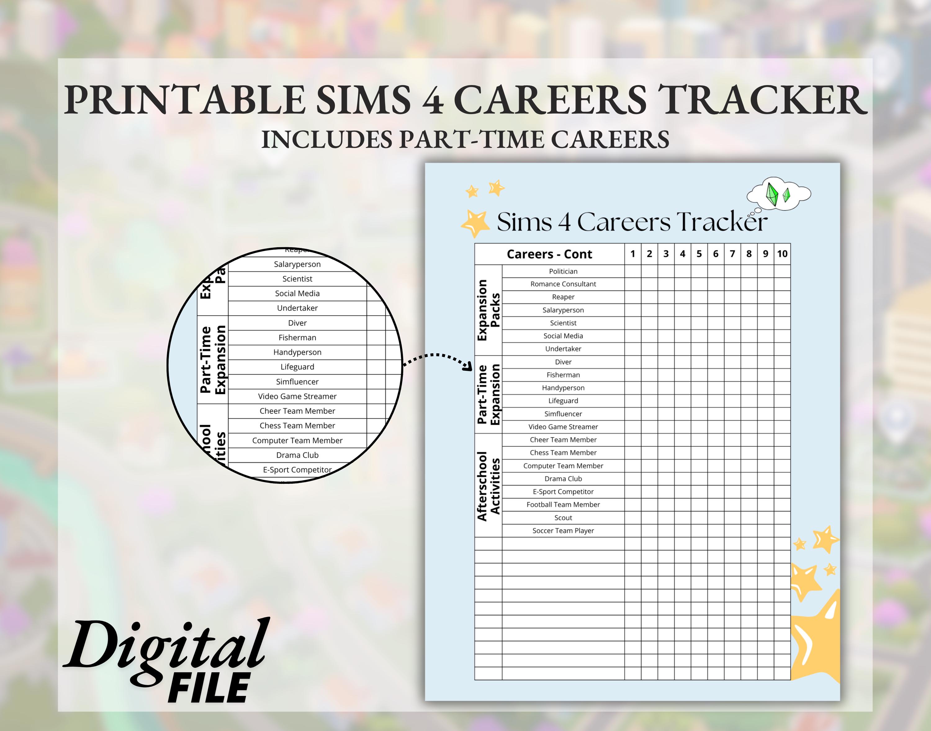 Printable Sims 4 Career Tracker Planner Sheet Bundle Expansion and Base ...