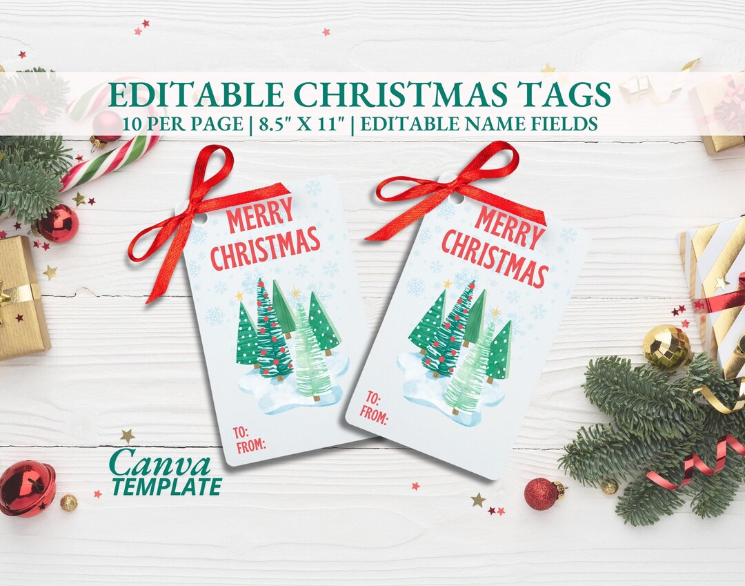 Christmas Gift Tag Printable Canva Template X-mas Trees Personalize ...