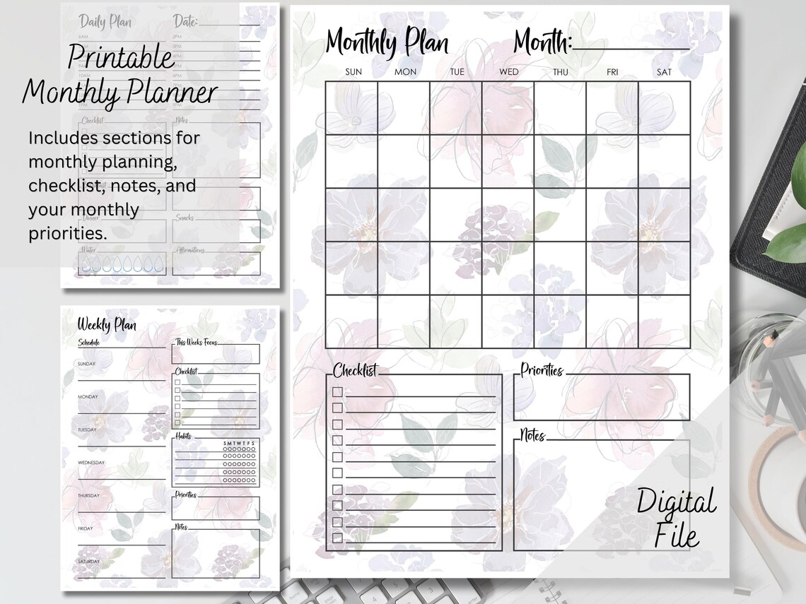 Purple Floral Printable Daily Weekly Monthly Planner Bundle Notes ...