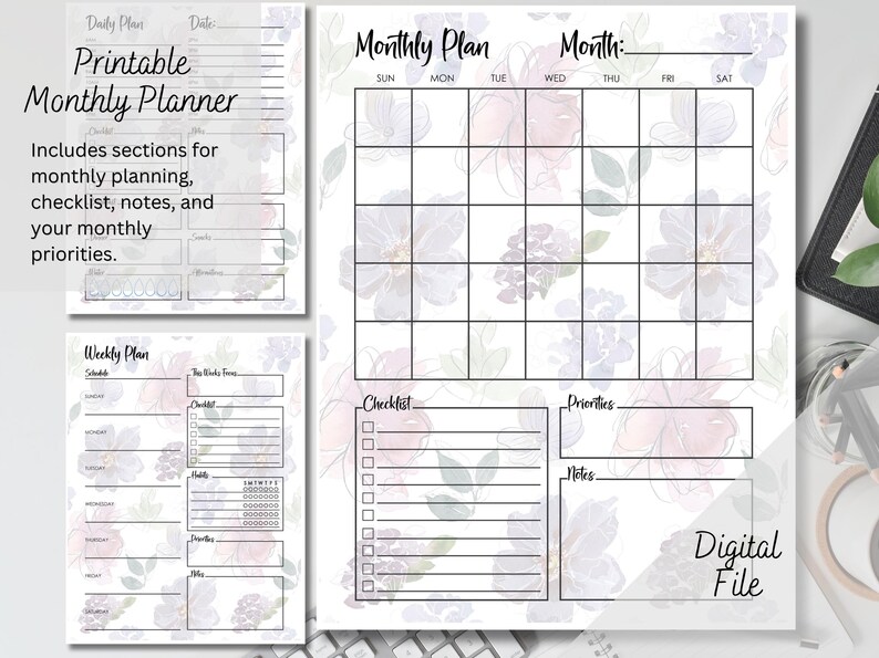 Purple Floral Printable Daily Weekly Monthly Planner Bundle Notes ...