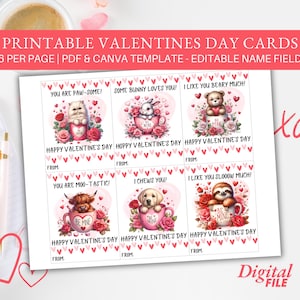 Tarjeta imprimible del Día de San Valentín con animales, plantilla de Canva. Perfecta para niños, niños, maestros. Imprime en casa. Tarjetas con frases lindas.