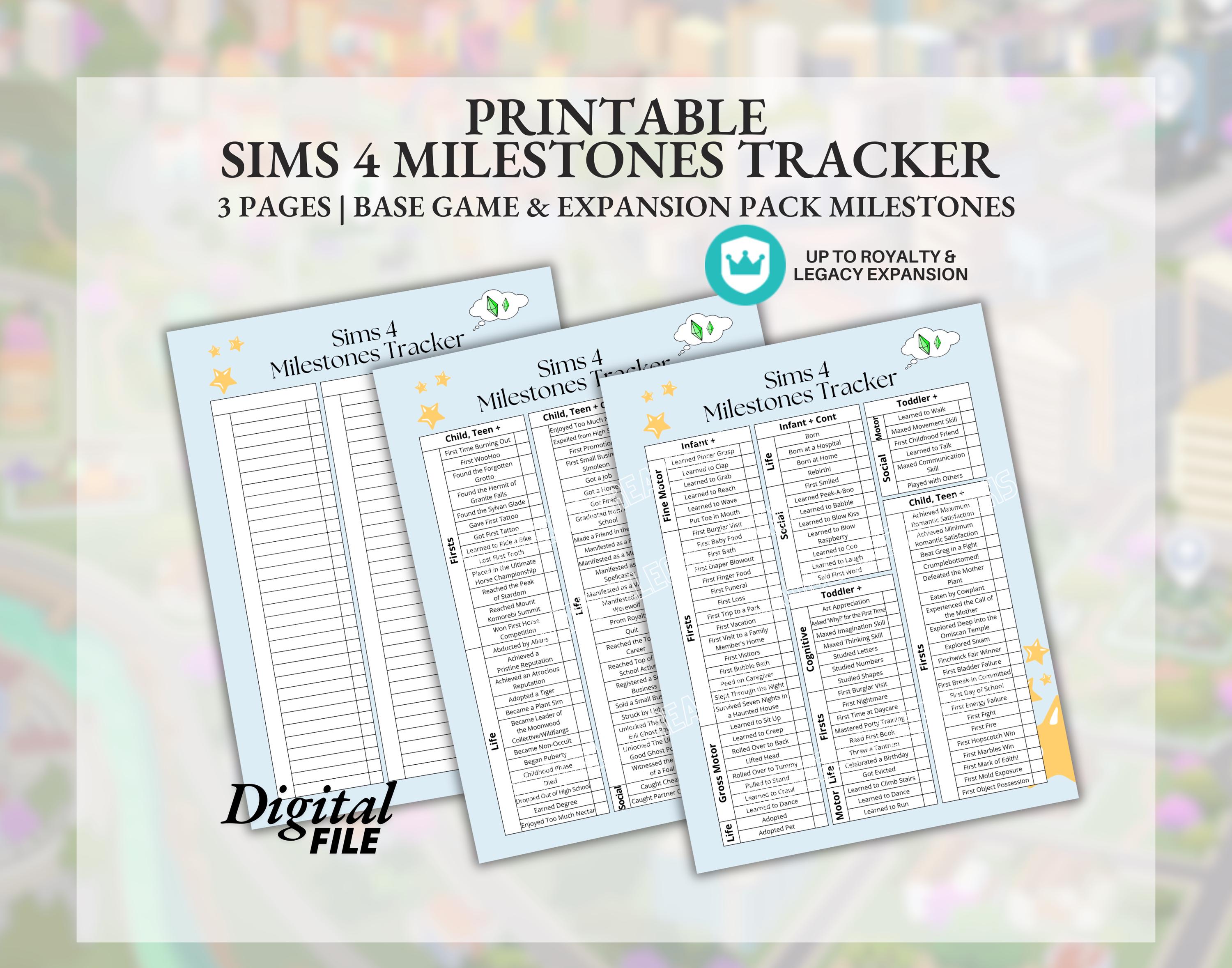 Printable Sims 4 Milestones Tracker Planner Sheet Bundle - Expansion ...