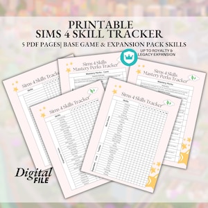 Roze afdrukbare Sims 4 Skill Tracker Planner Sheet Bundeluitbreiding en basisgametracking Digitale download tot royalty en legacy-uitbreiding