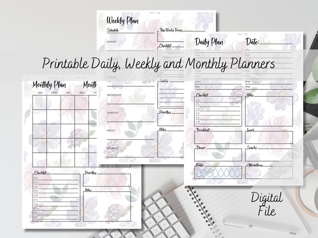 Purple Floral Printable Daily Weekly Monthly Planner Bundle Notes ...