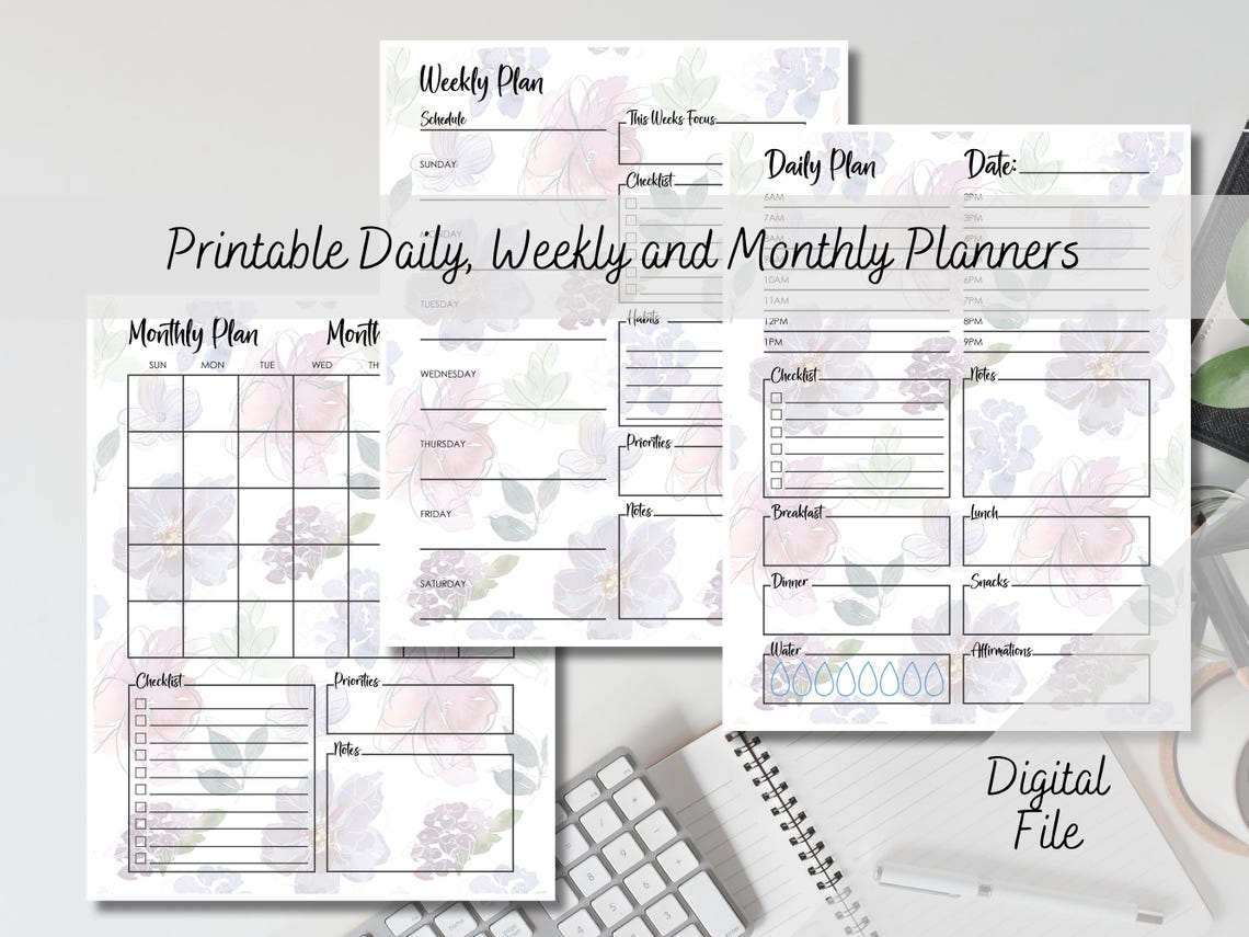 Purple Floral Printable Daily Weekly Monthly Planner Bundle Notes ...