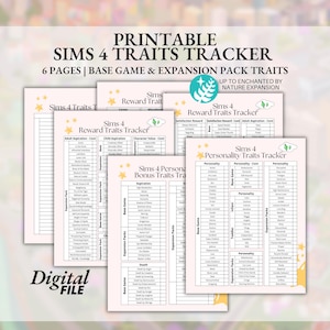 Cute Printable Sims 4 Traits Planner Sheet Bundle - Expansion and Base Game Tracking Digital Download PDF Up to Enchanted by Nature Exp
