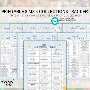 Printable Ultimate Sims 4 Collections Tracker Planner Sheet Bundle - Expansion and Base Game Digital Download Blue Royalty & Legacy Exp