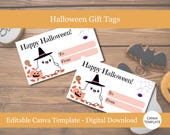 Editable Happy Halloween Gift Bag Tag, Halloween Treat Bag Tags, Party Favor Tags - Instant Download Canva Template Ghost wearing witch hat