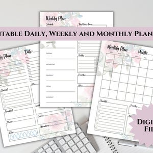 Könnte beinhalten: Druckbare Tages-, Wochen- und Monatsplaner-Vorlagen mit einem floralen Design mit rosa und blauen Aquarell-Akzenten. Die Planer enthalten Abschnitte für Zeitpläne, To-Do-Listen, Notizen und Checklisten.
