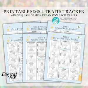 Planificador de rasgos imprimible de Sims 4, paquete de expansión y seguimiento del juego base, descarga digital (en formato PDF, carta de EE. UU., hasta el paquete Enchanted by Nature).