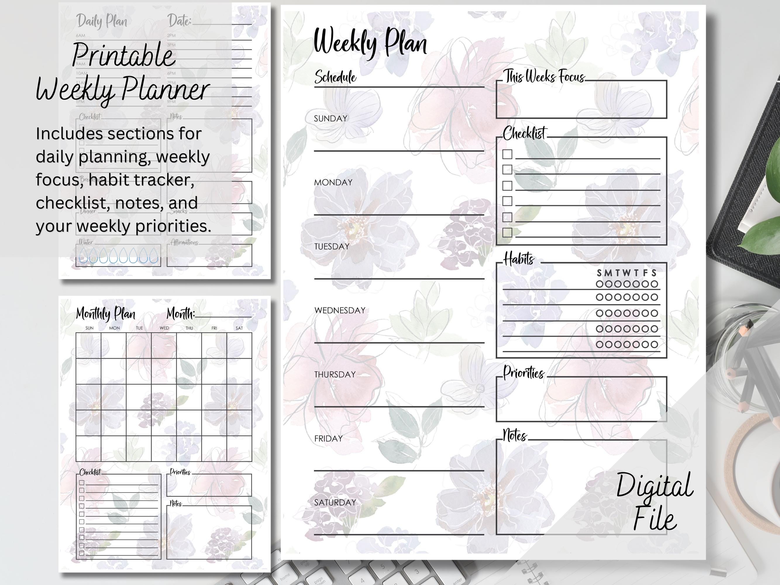 Purple Floral Printable Daily Weekly Monthly Planner Bundle Notes ...
