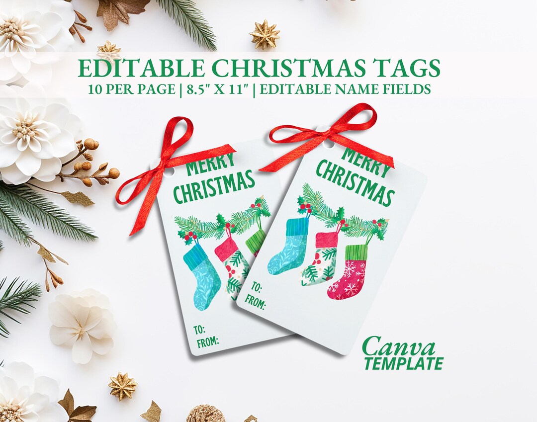 Christmas Gift Tag Printable Canva Template X-mas Stocking. 2" X 3.5 ...