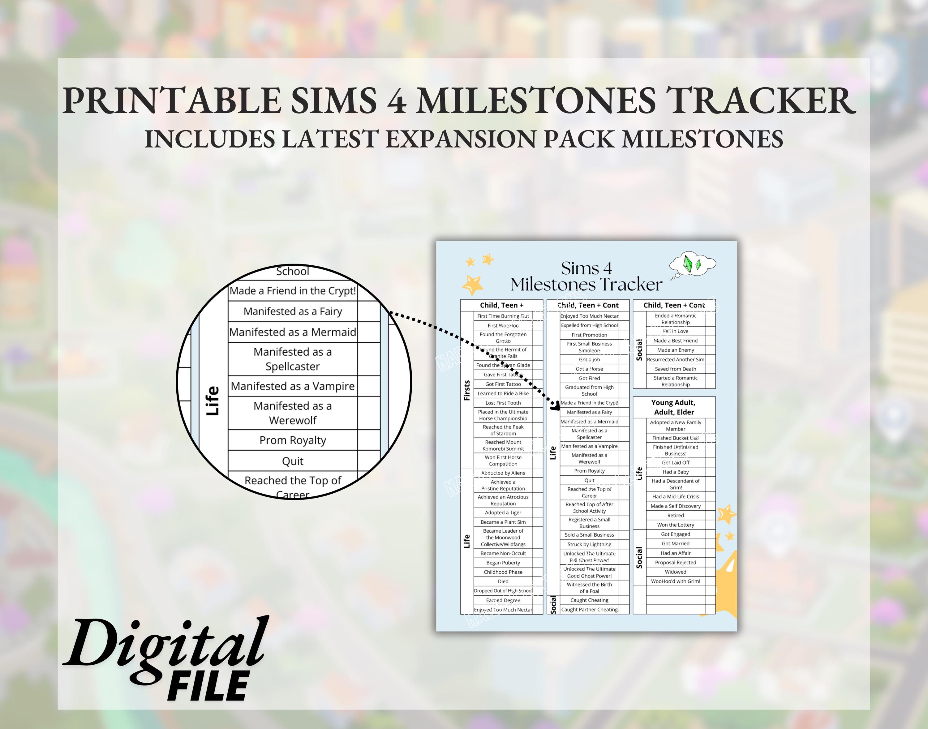 Printable Sims 4 Milestones Tracker Planner Sheet Bundle - Expansion ...