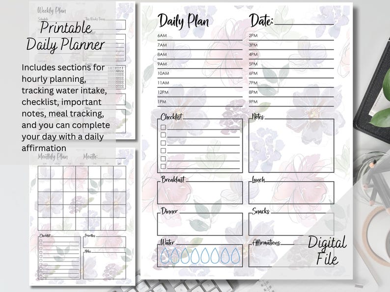 Purple Floral Printable Daily Weekly Monthly Planner Bundle Notes ...